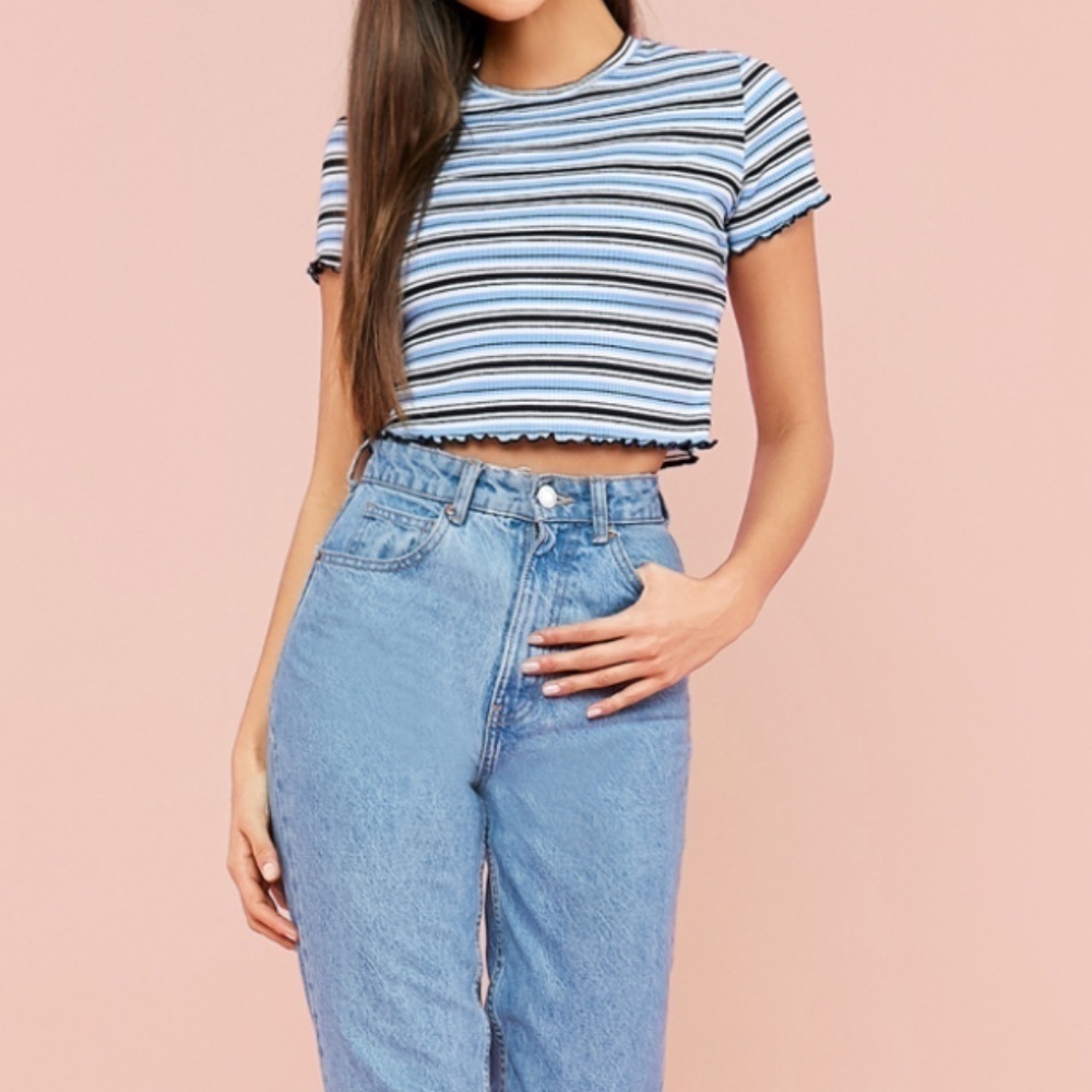 NEW RIB-KNIT BLUE STRIPED TEE  - S
